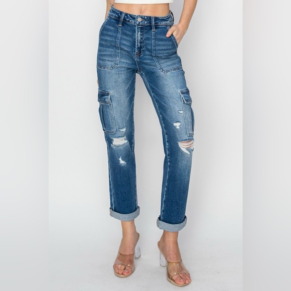 RISEN Full Size High Rise Cargo Ankle Roll Up Straight Jeans - Picture 5 of 7